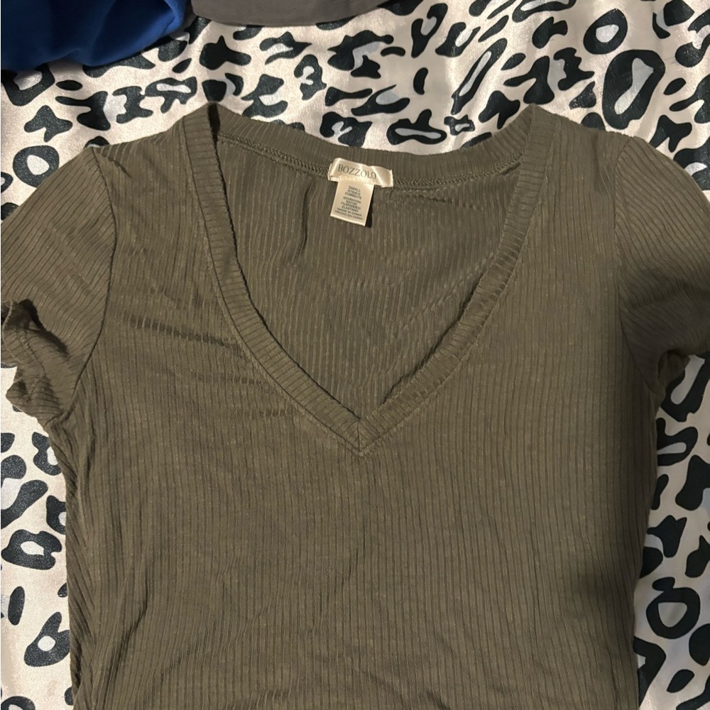 Olive V-Neck Ribbed Women's Top